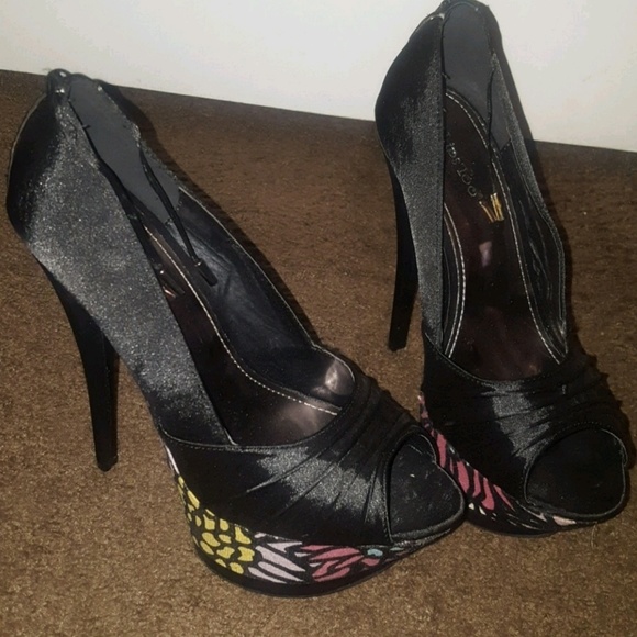 Black Satin Coloful Platform Heels - Picture 6 of 6